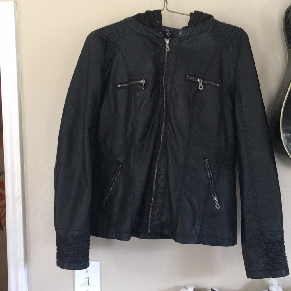 Black XXL women's faux moto jacket with hoodie